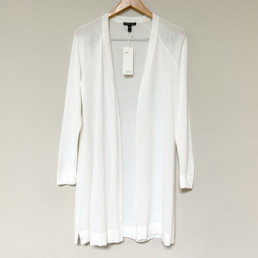 NEW Eileen Fisher Womens XS $298 Simple Long Cardigan Solid‎ White Open Front